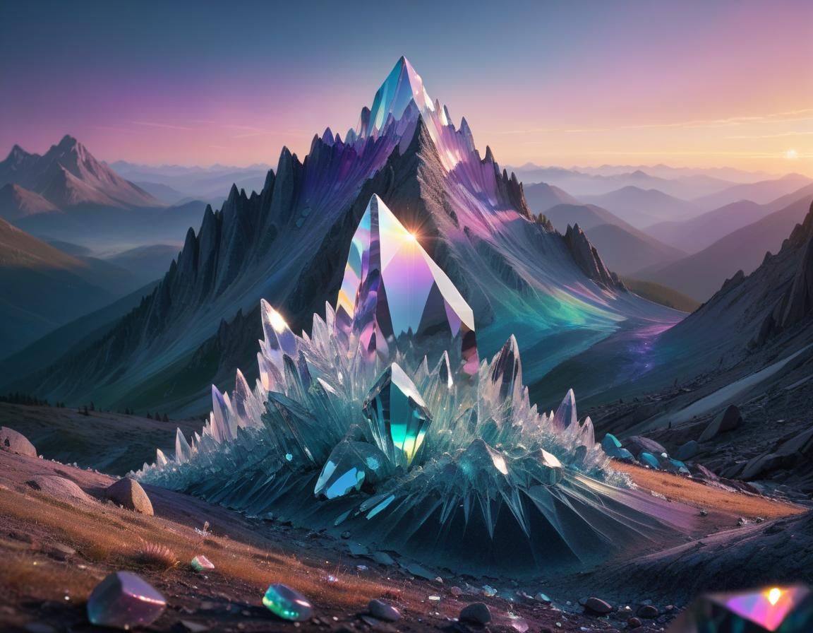 Alien Crystalline Mountain Landscape with Volumetric Lightin...