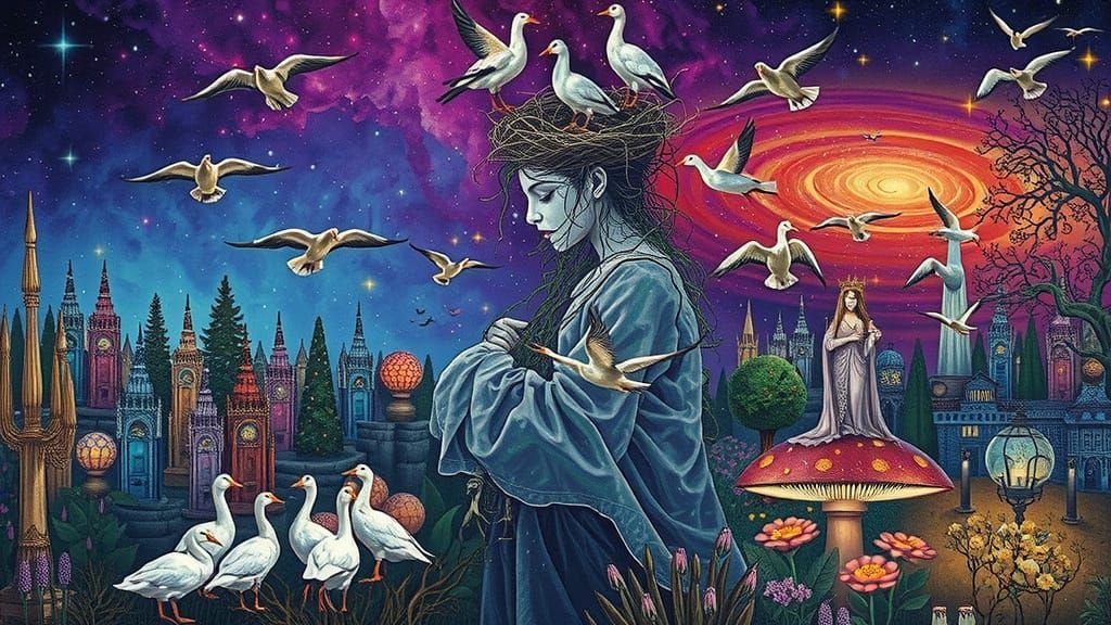 Ethereal Woman Transforms into Birds in Cosmic Garden