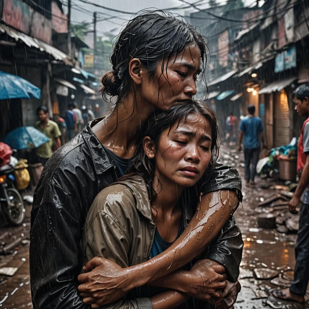 Romantic Couple Embrace in Rainy Jakarta Slum