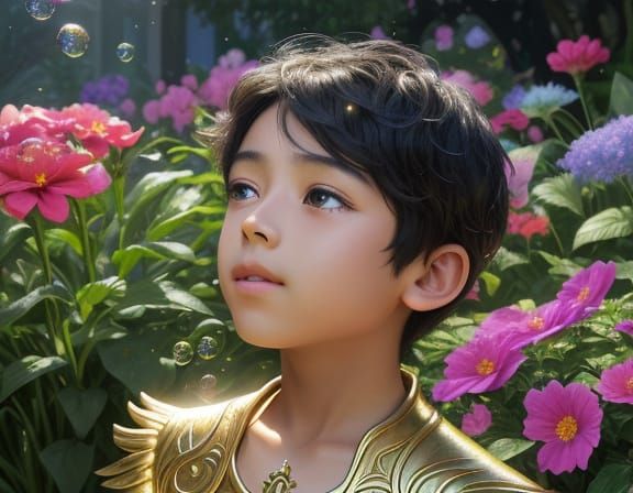 Child Cleans Magic Garden in Golden Hour Lighting