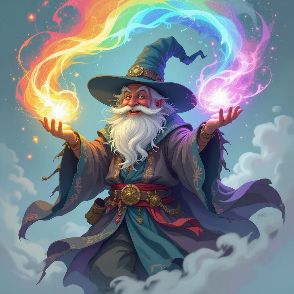 Mischievous Wizard Unleashes Rainbow Energy, Art Nouveau Sty...