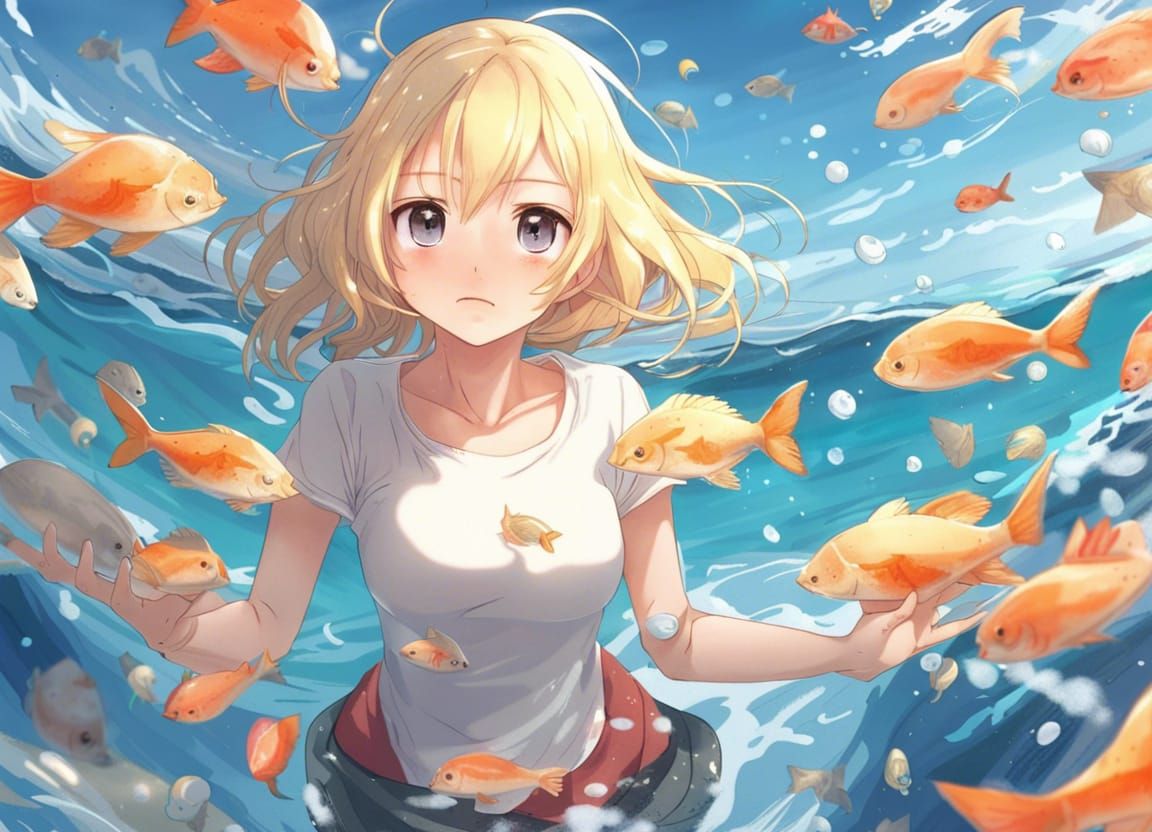 Anime Girl Surrounded by Sea and Fish