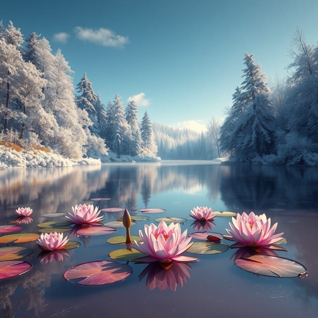 Surreal Landscape with Vibrant Water Lilies in a Frosty Fore...