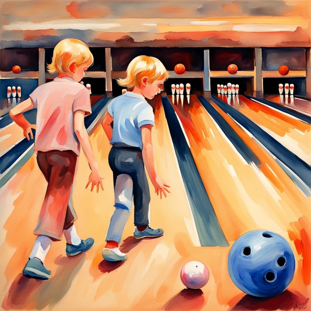 Children Bowling: Gouache Impressionist Masterpiece
