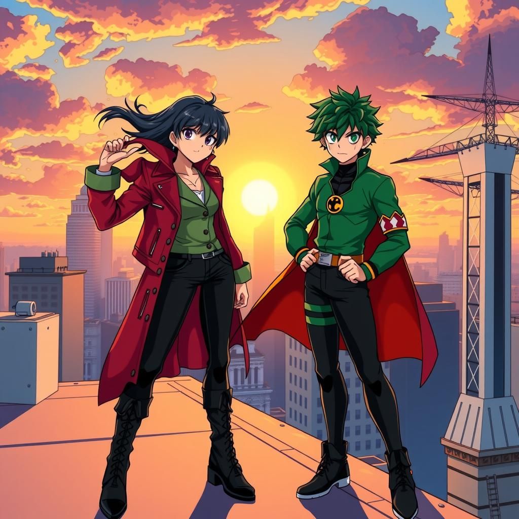 Heroic Rooftop Scene with Iconic Characters