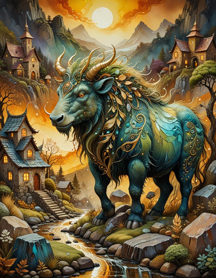 Kind Beast Protects Village in Surreal Painting