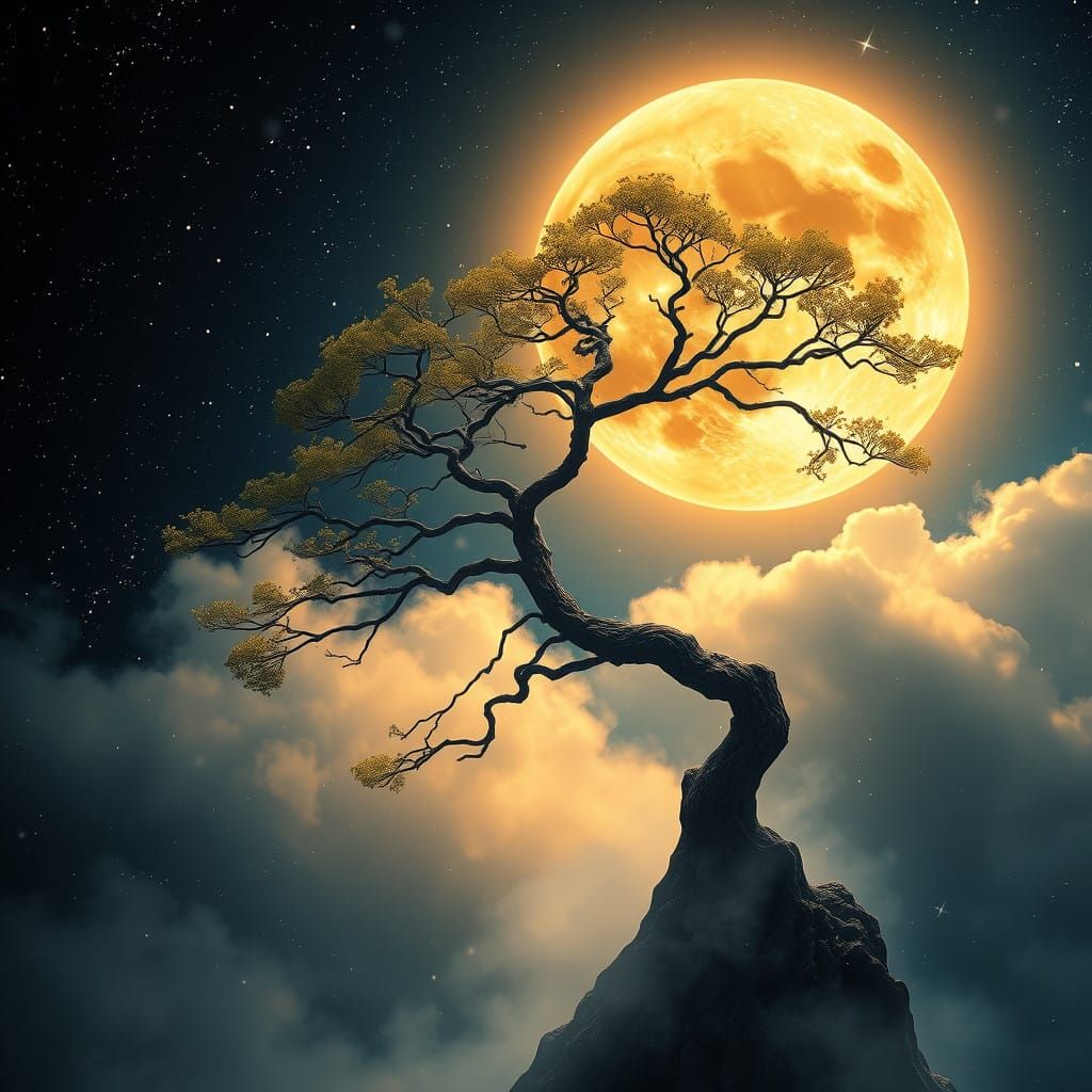 Moonlit Bonsai Tree in Ethereal Dreamscapes