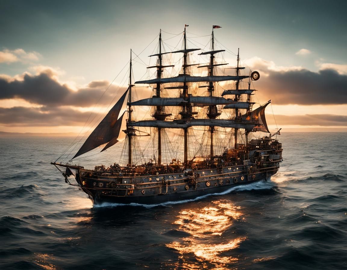 Steampunk Warship Sailing off Scottish Coast