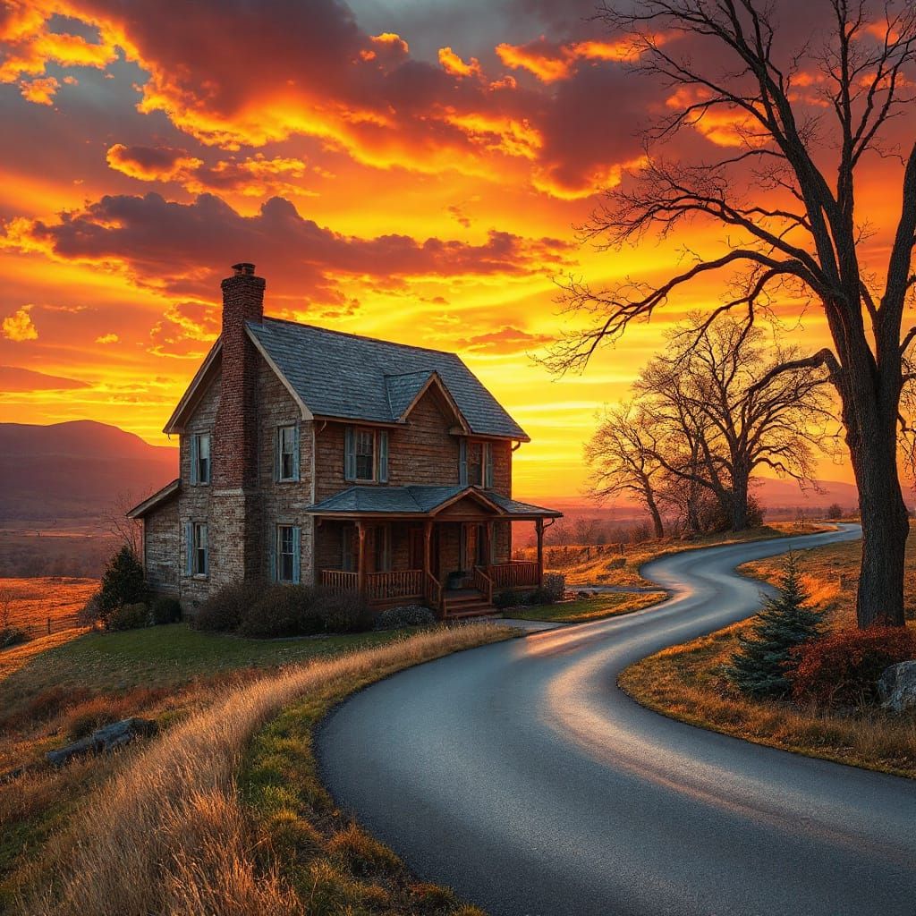 Surreal Country Estate Basks in Vibrant Sunset Splendor