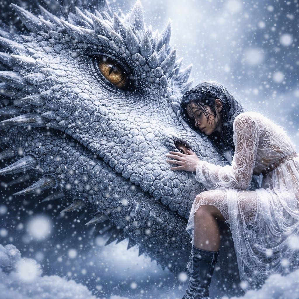 Majestic Snow Dragon in Bokeh Snowfall