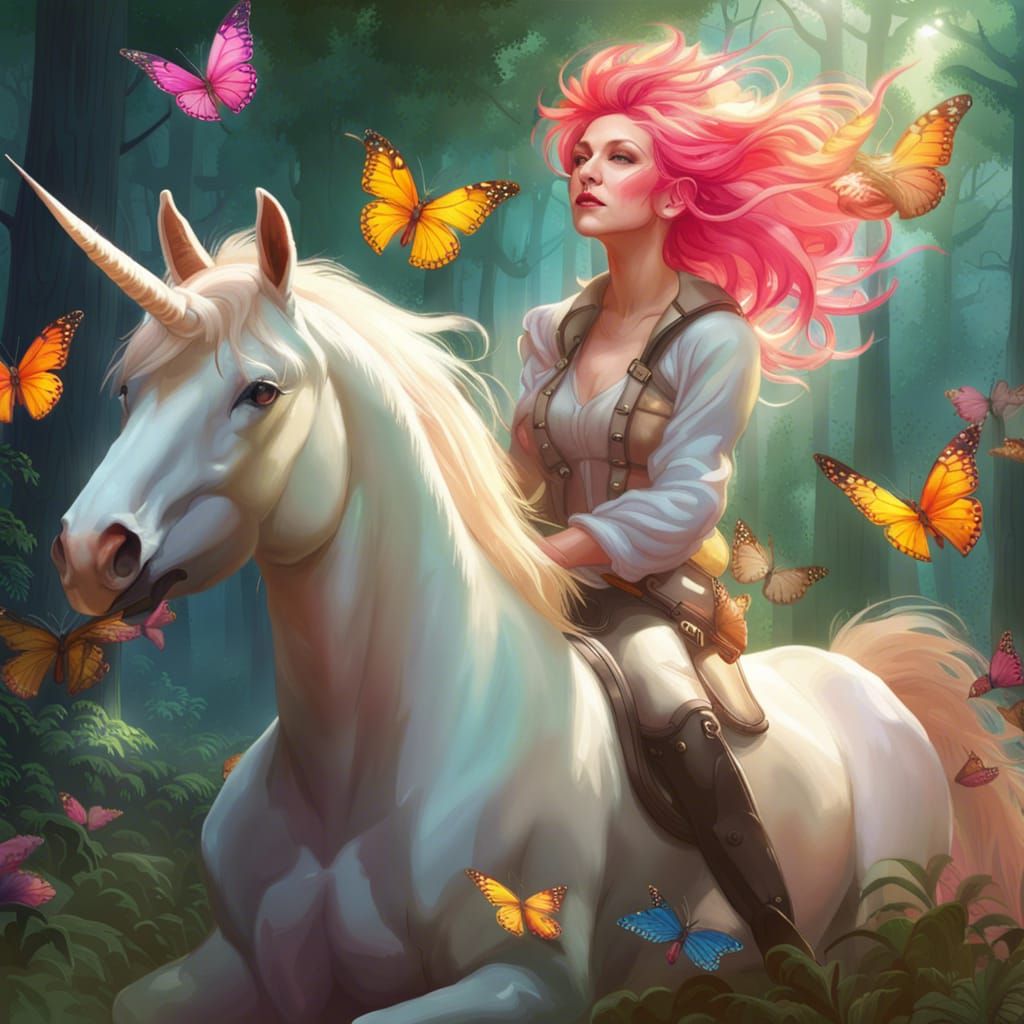 Cyndi Lauper Rides Unicorn: Hyperdetailed Fantasy Portrait