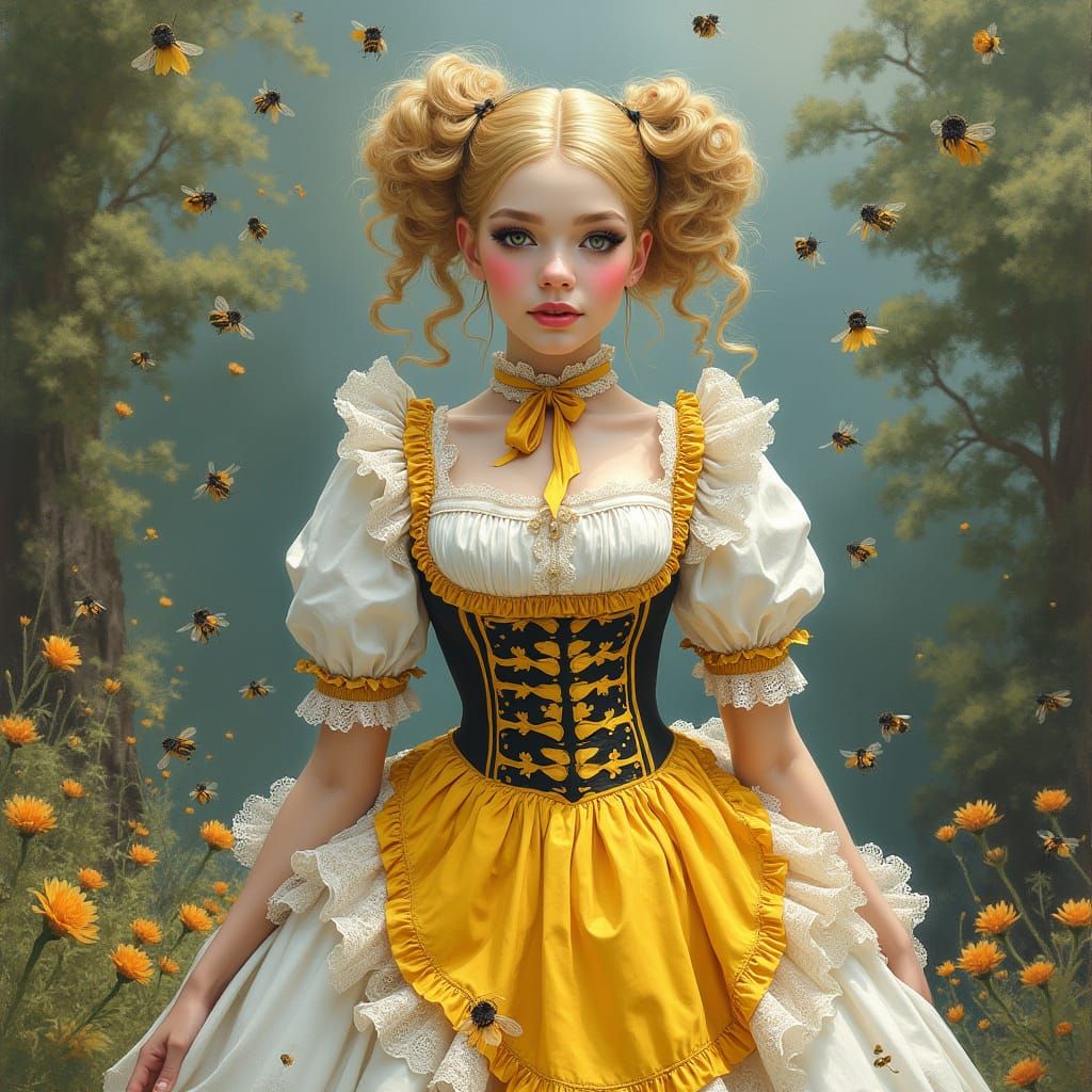 Elegant French Maid Surrounded by Whimsical Bees in Impressi...