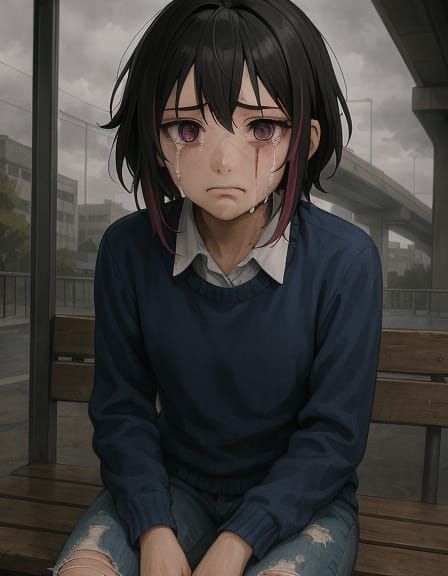 Sad Cowgirl Crying at Bus Stop in Cityscape