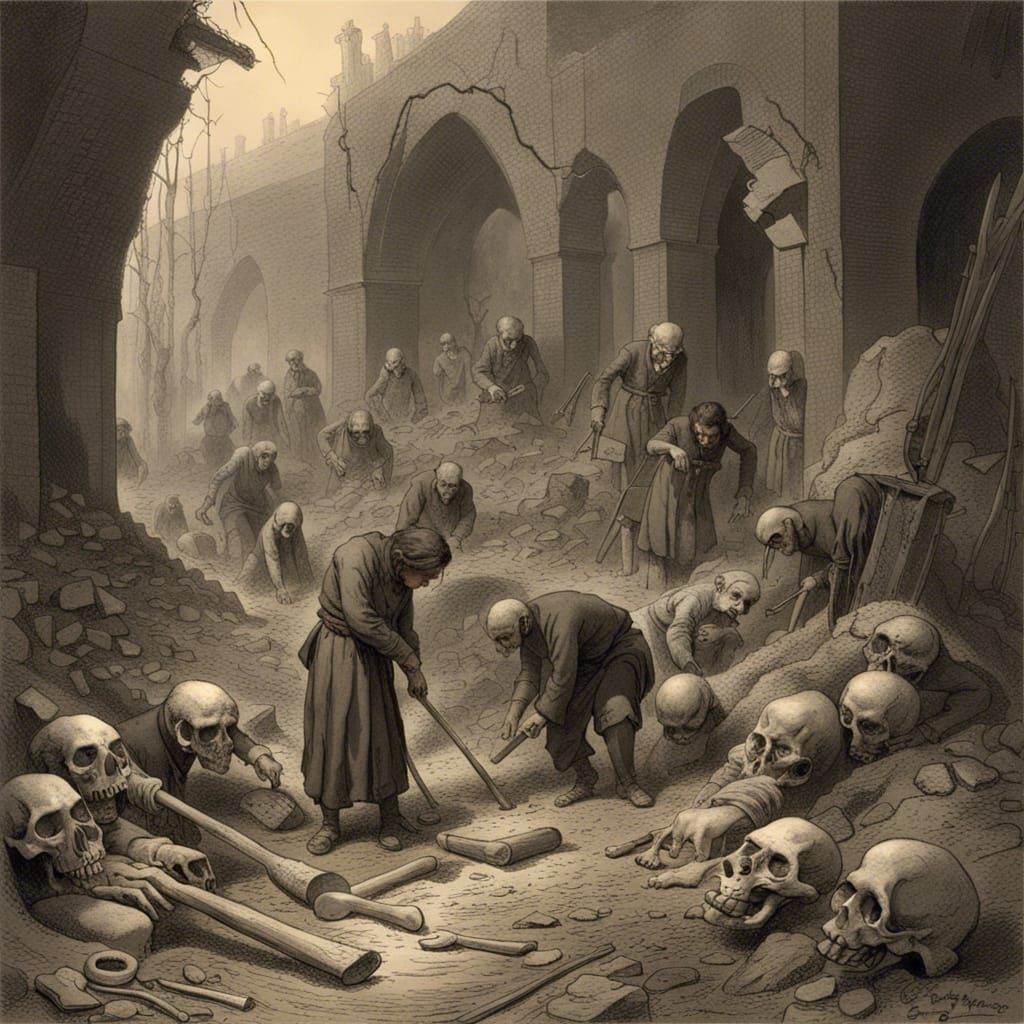 Archaeological Horror Scene in Engraving Style