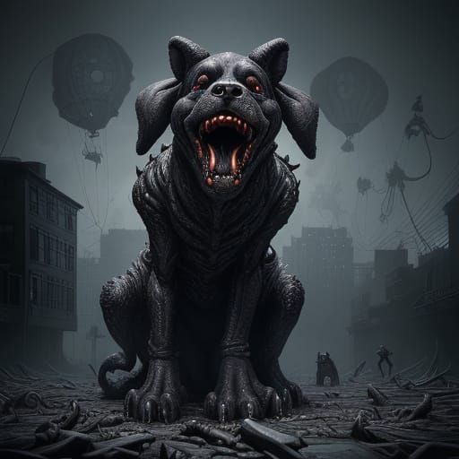 Towering Cartoon Dog Mascot: Grotesque and Godlike