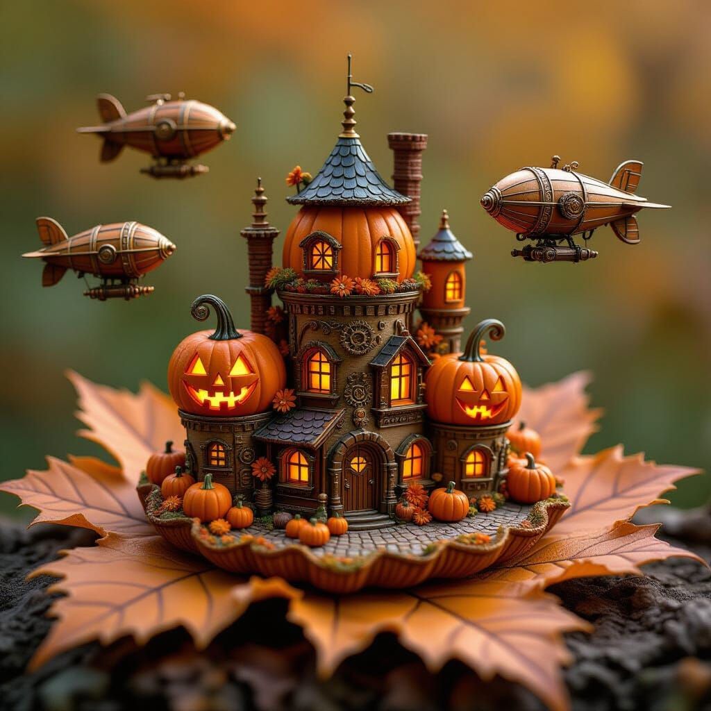 Steampunk Pumpkin City on Autumn Leaf