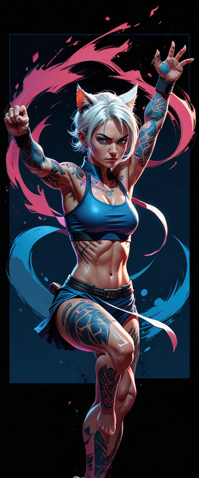 Fantasy Warrior Woman with Cat Ears and Triadic Colors