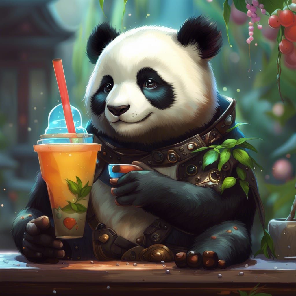Panda Cub Boba Tea: Detailed Digital Art