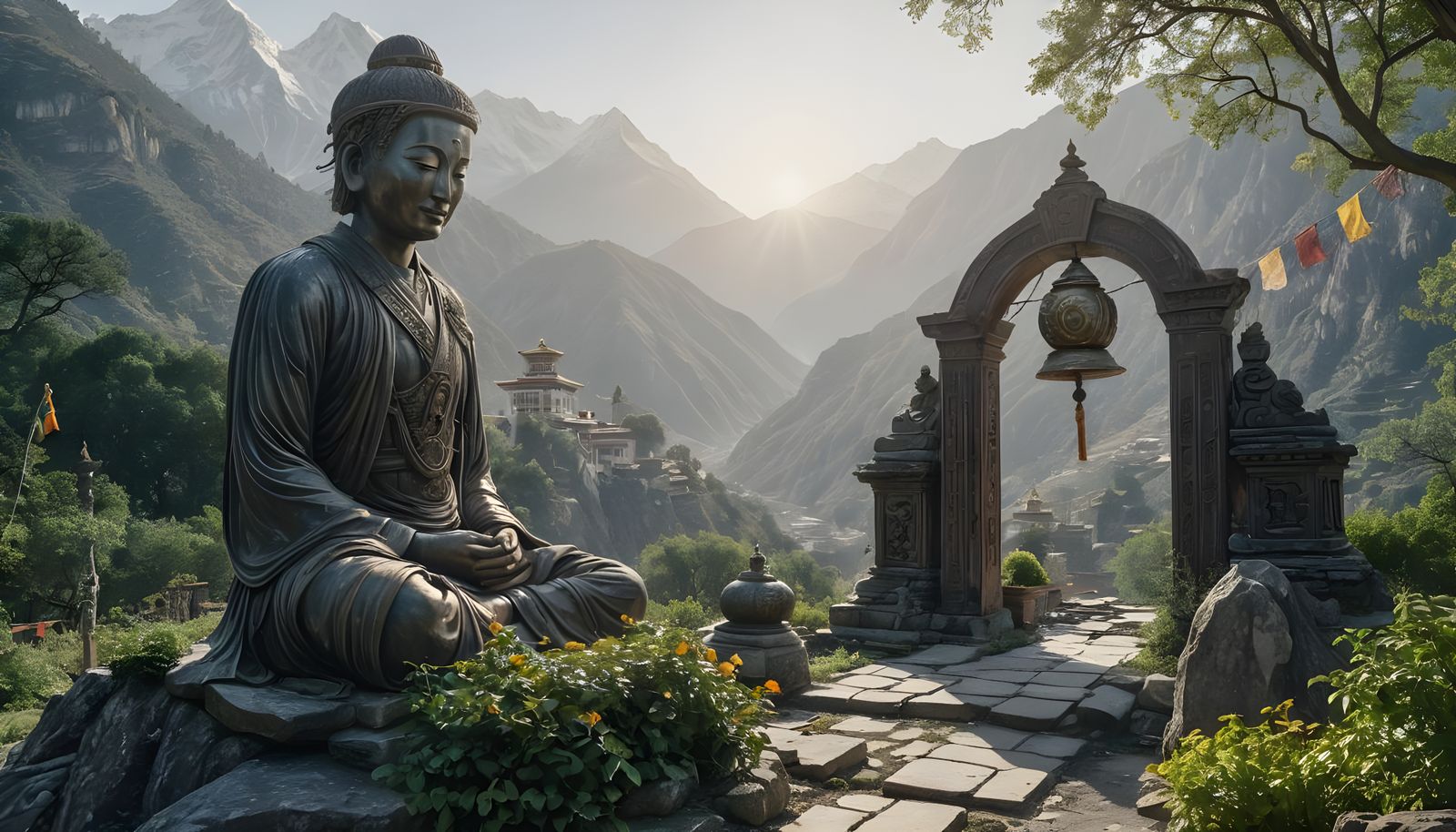 Colorful Green Tara with Bronze Prayer Wheel