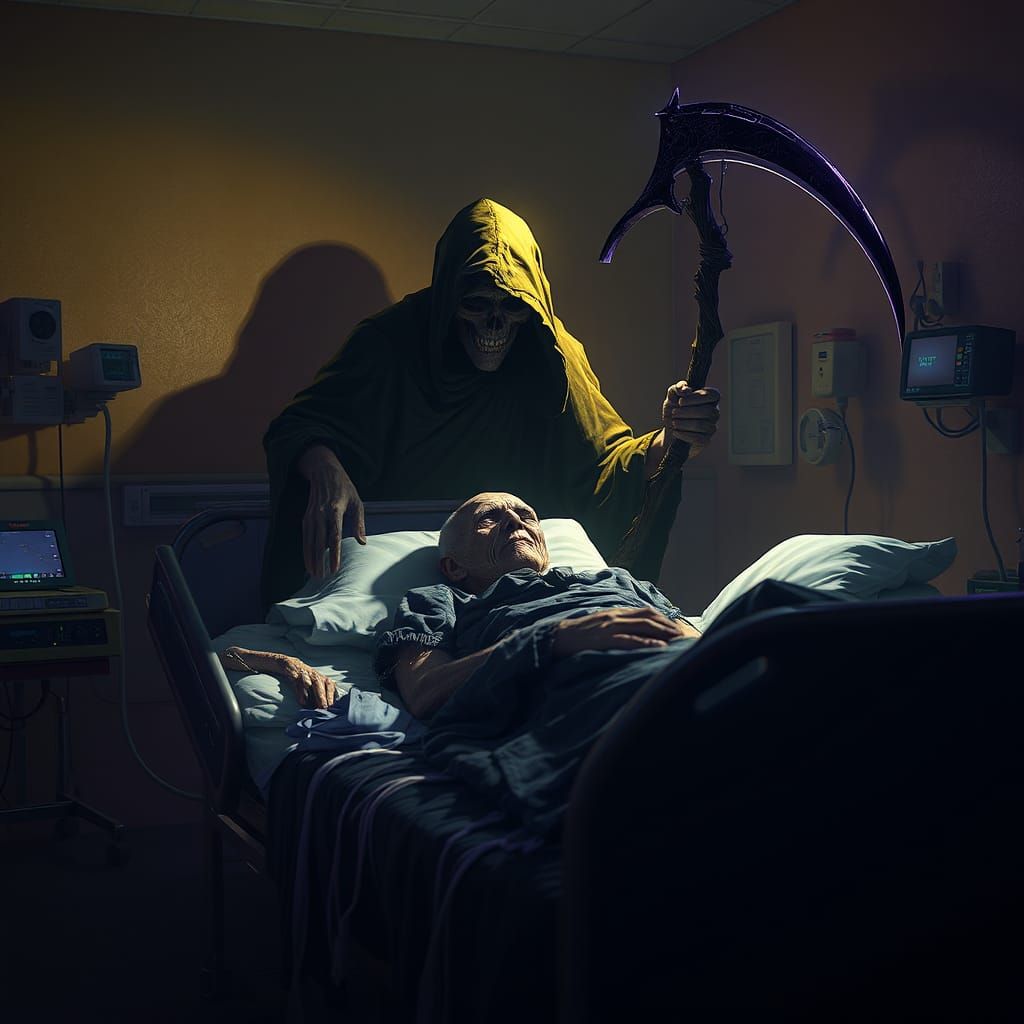 Grim Reaper at Hospital Bedside in Dark Fantasy Style