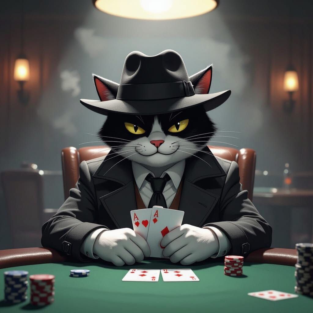 Noir Cartoon Cat at Poker Table in Sin City Style