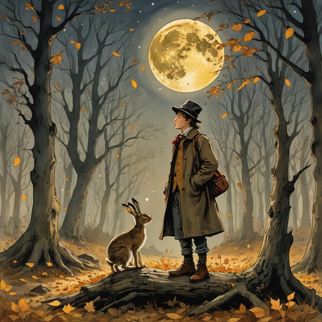 Moonlit Forest Scene with Hare in Magical Realism