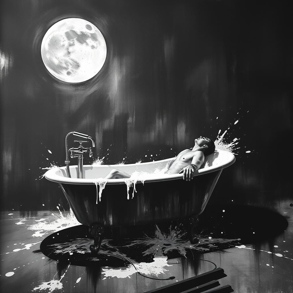Monochrome Bathtub Scene in Negative Ink Drawing Style