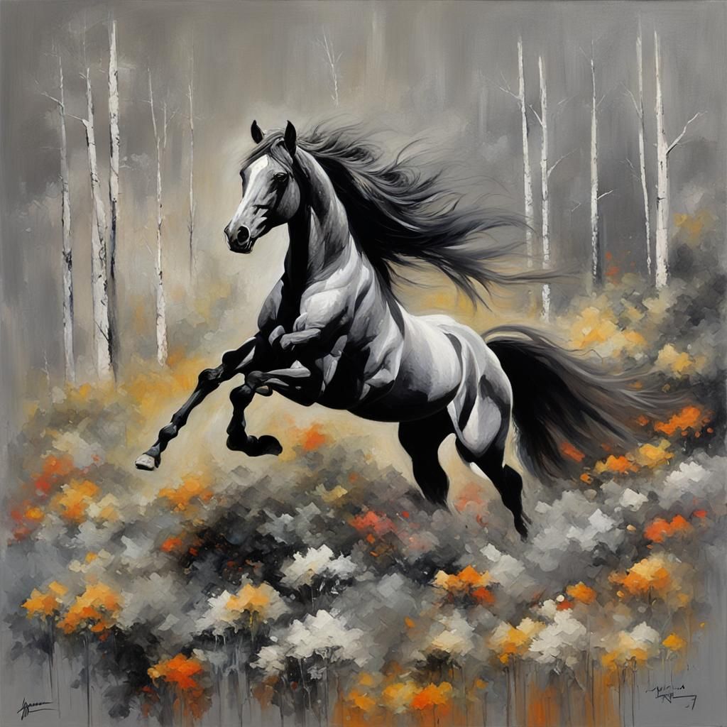 Majestic Grey Retro Horse: Oil Painting