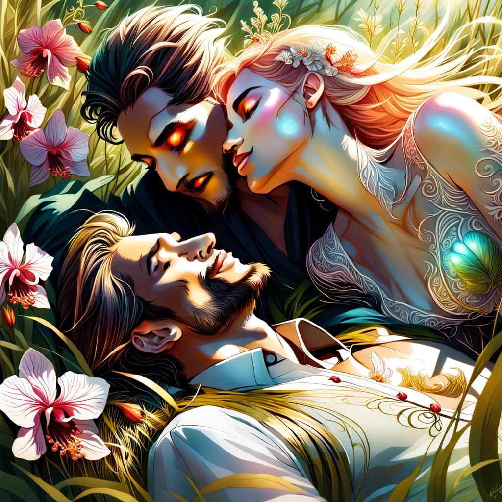 Elven and Nymph Men in Orchid Meadow