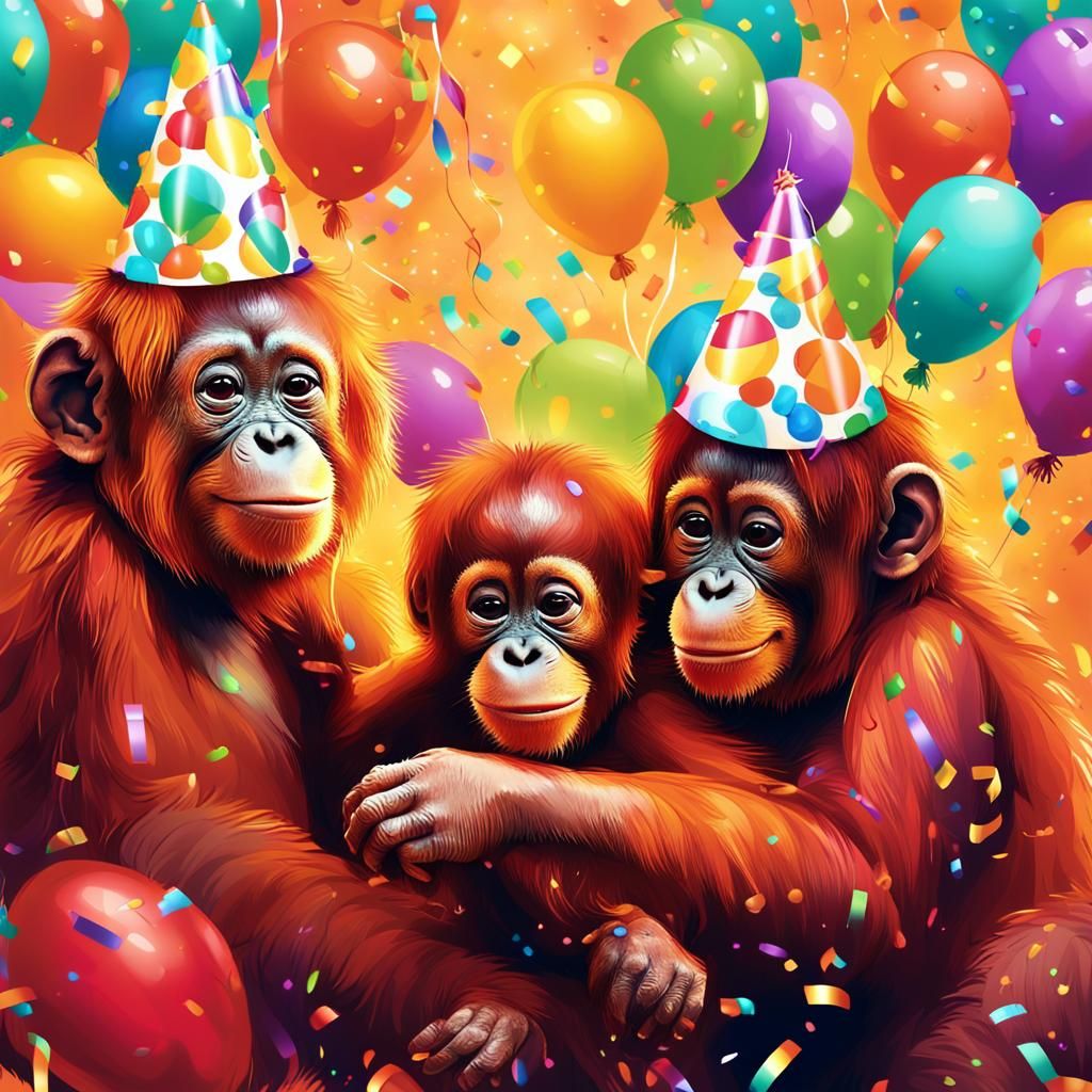Orangutans' Birthday Party: Vibrant Digital Illustration
