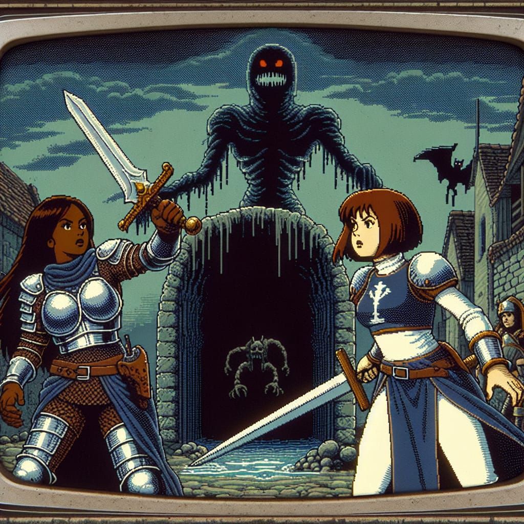 Brave Warriors Confront a Shadowy Beast in a Retro-Style Car...