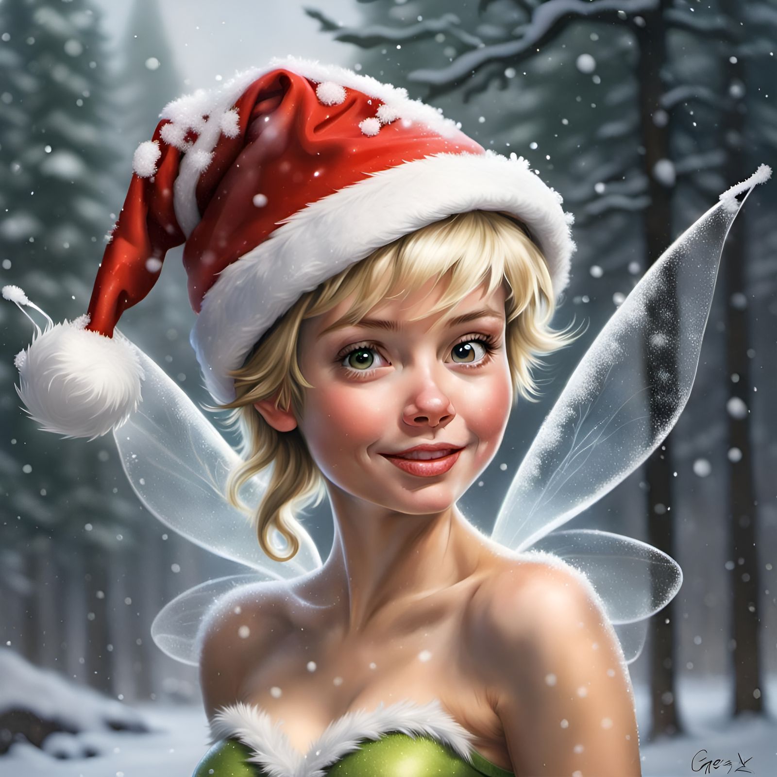 Tinkerbell in Santa Hat on Snowy Christmas Day
