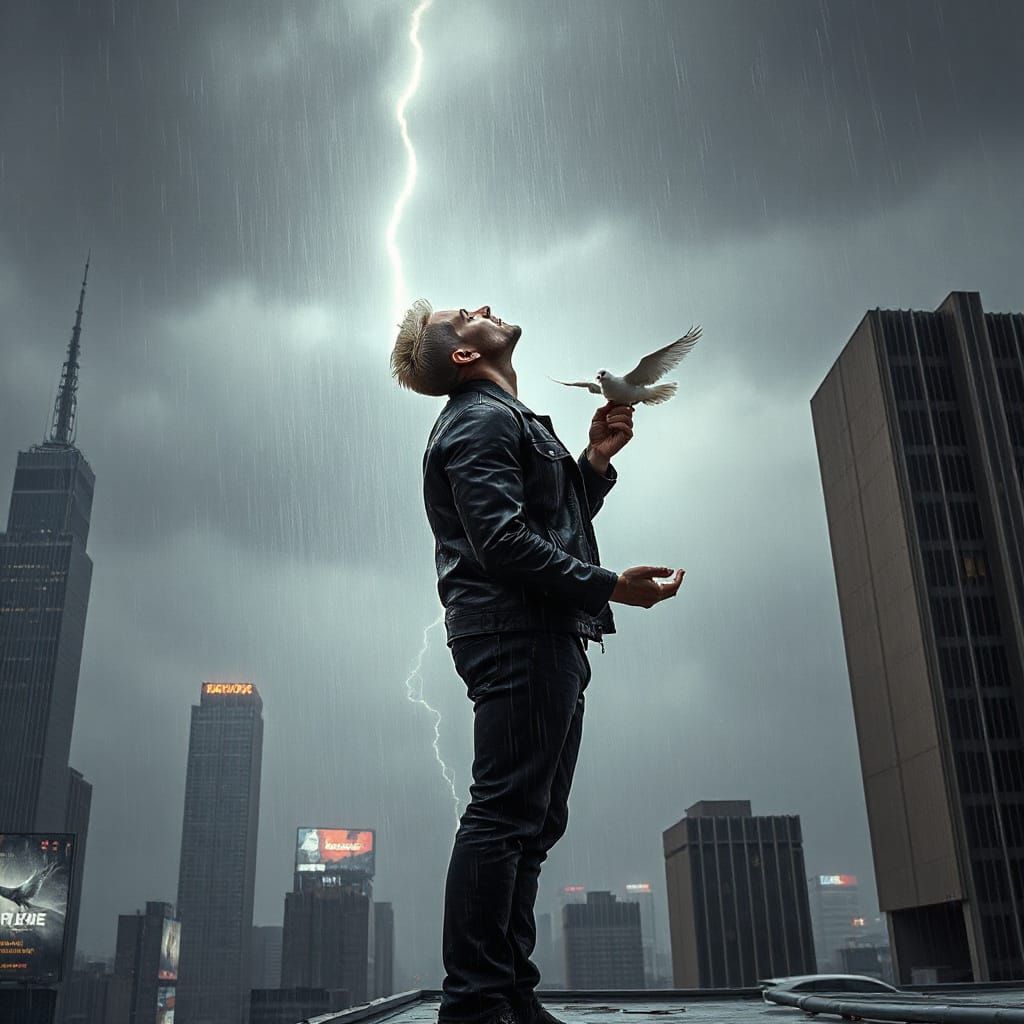 Cyberpunk Warrior Defies the Rain, Snowy Dove in Hand