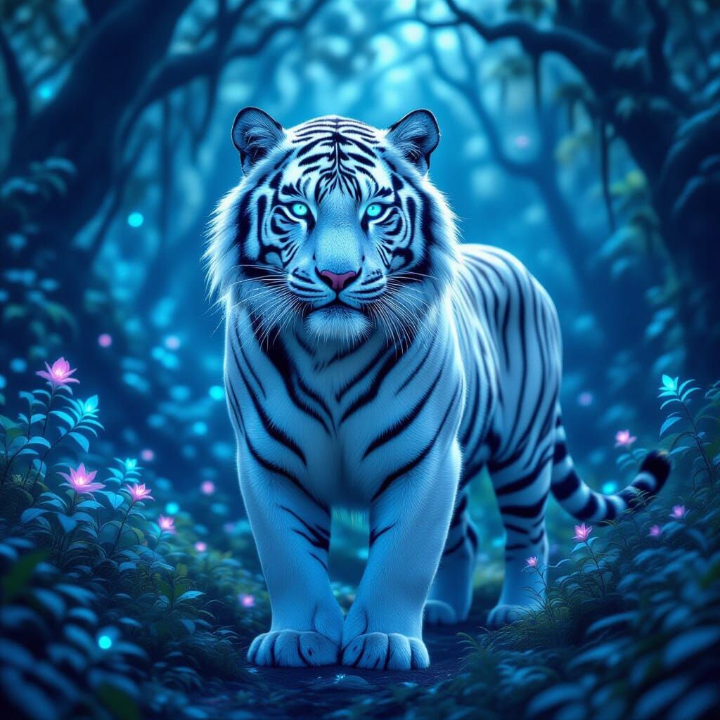 Majestic White Tiger in Bioluminescent Forest