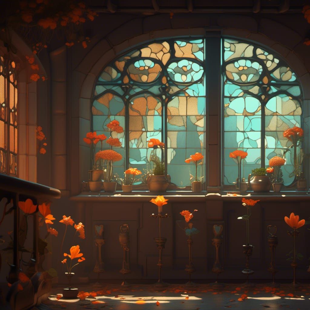 Dungeon Window to Flower Garden in Art Nouveau Style