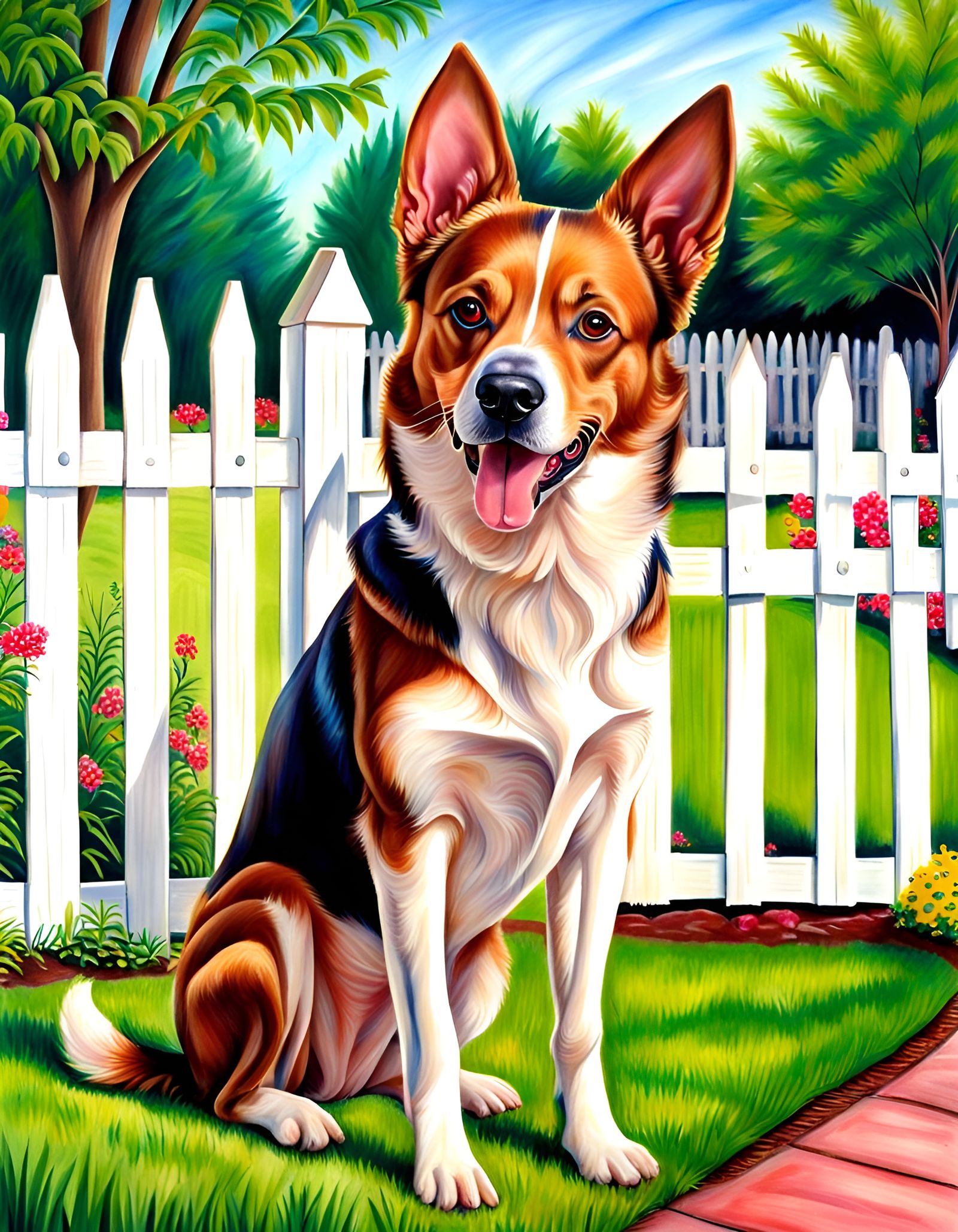 Dog in Backyard: Waxy Crayon Drawing