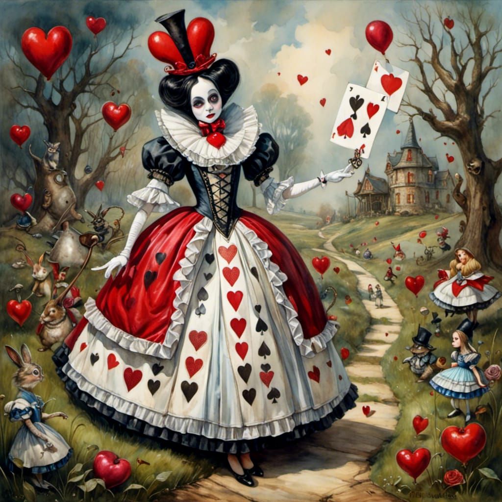 Wednesday Addams as Queen of Hearts in Fairytale Style