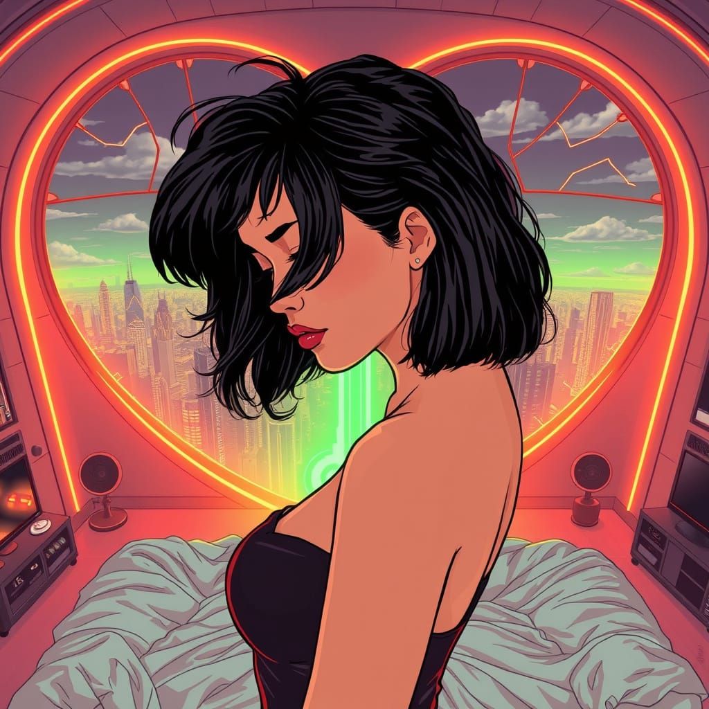 Sorrowful Retro-Futuristic Woman Amidst Heart-Shaped Window