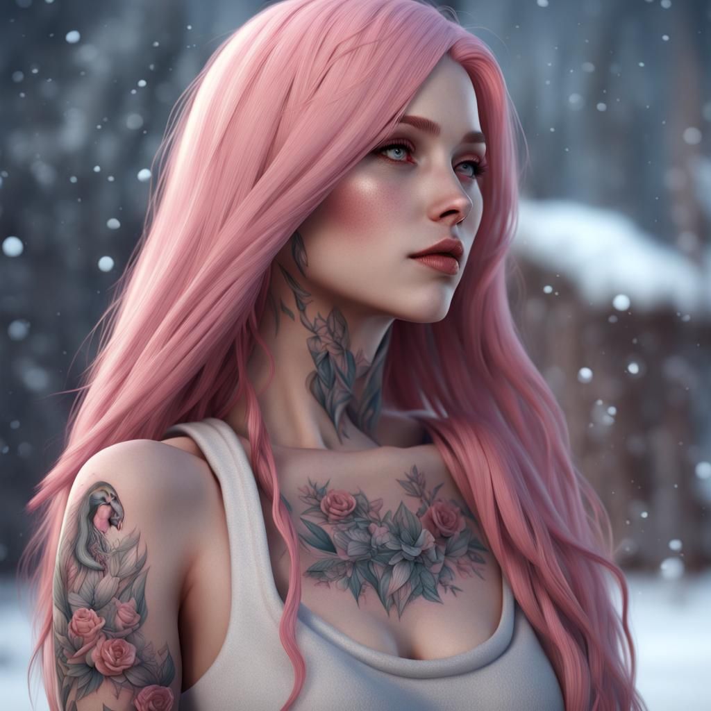 Pink Haired Woman with Penguin in Snowy Scene