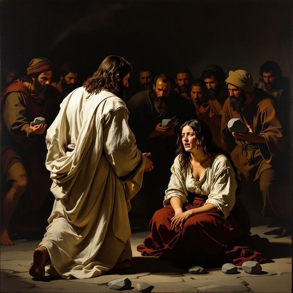 Jesus Defends Woman: Baroque Style Scene