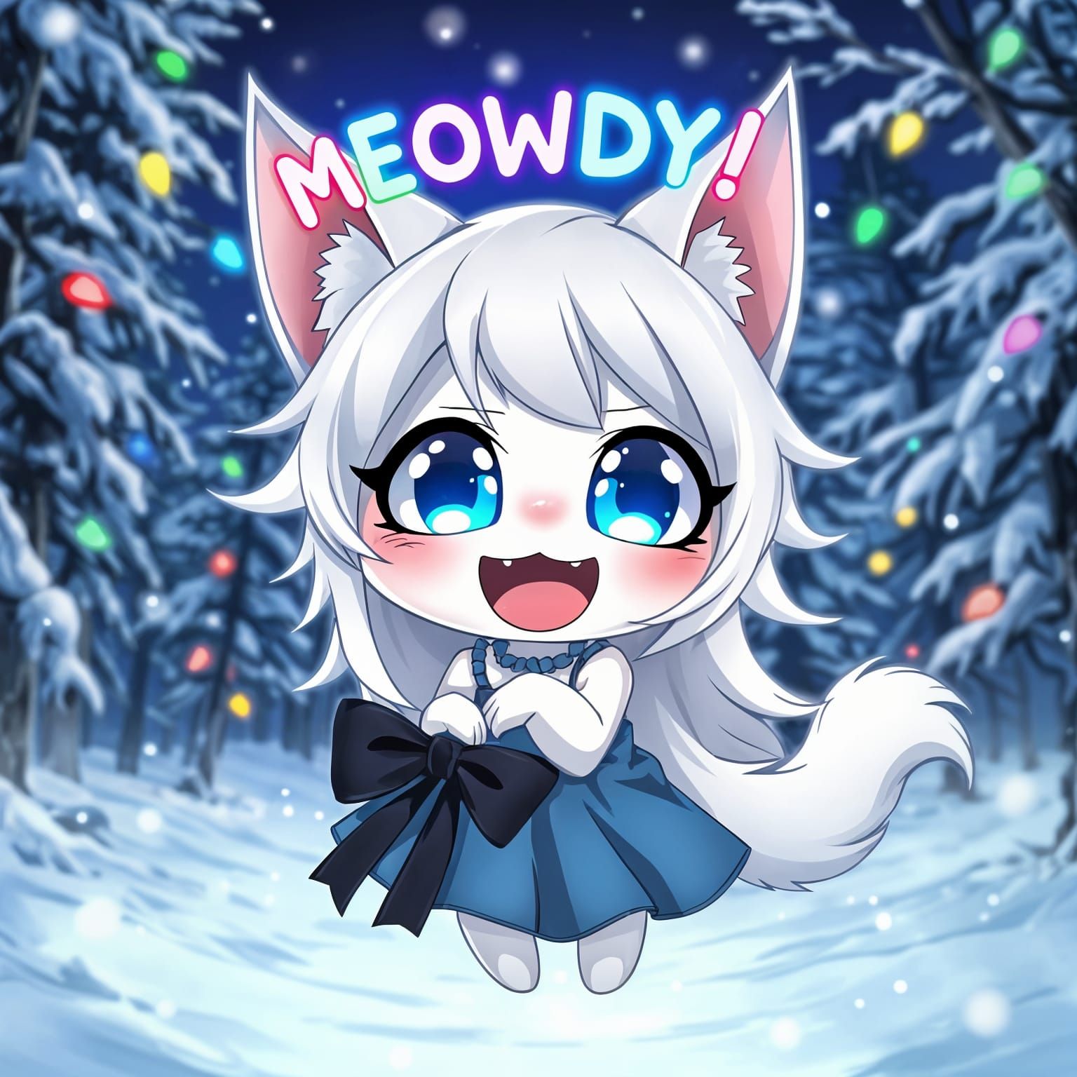 Adorable Anime Catgirl Soars Through a Snowy Forest Night