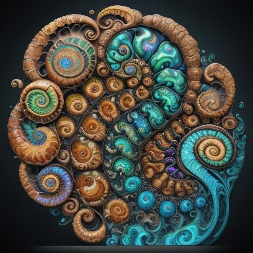 Opal Caterpillar on Fossil in Surrealist Style