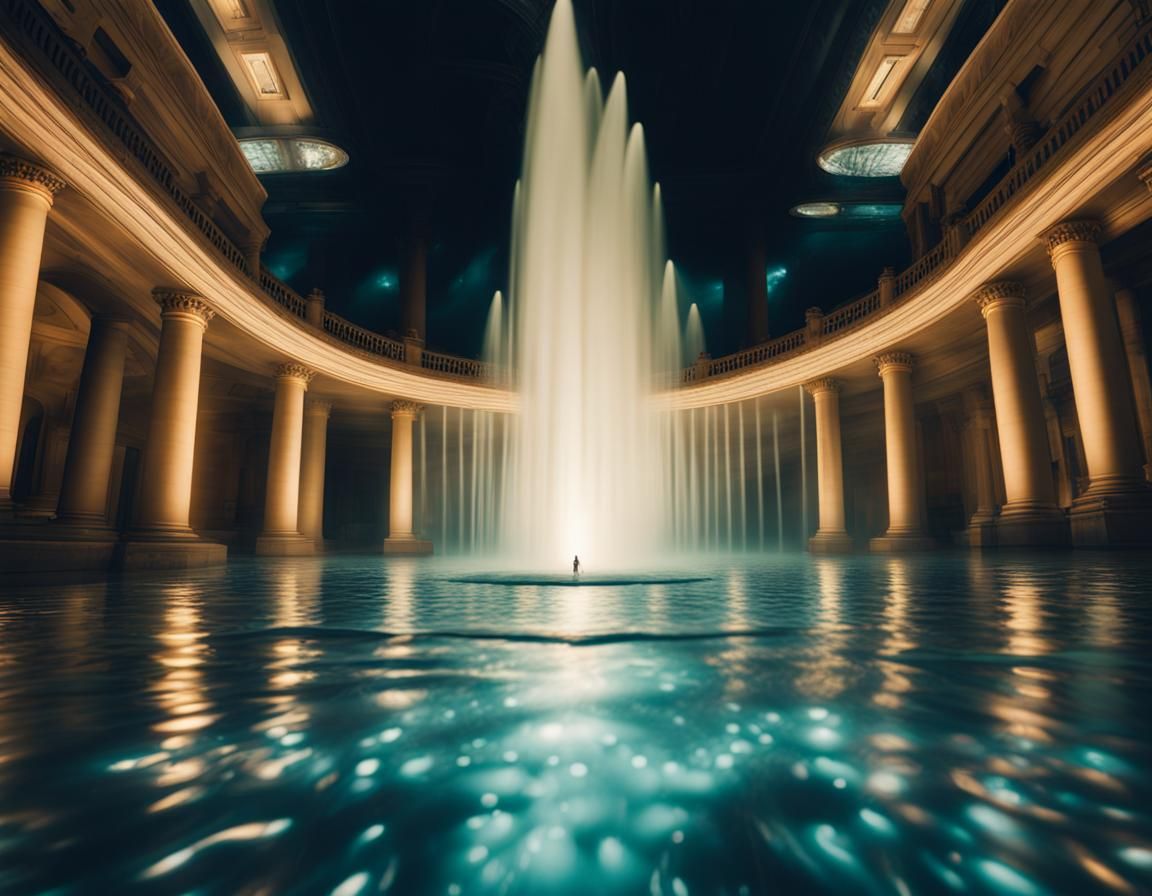 Monumental Water Fountain with Volumetric Lighting