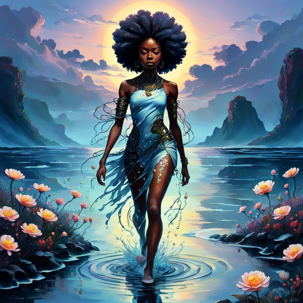 Afro-Cybernetic Goddess in Ethereal Acrylic Art