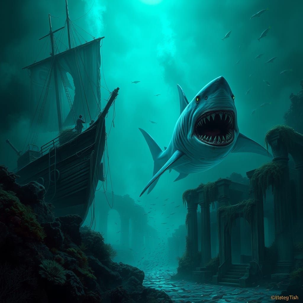Eerie Ghost Ship in Dark Abyss Beset by Zombie Shark