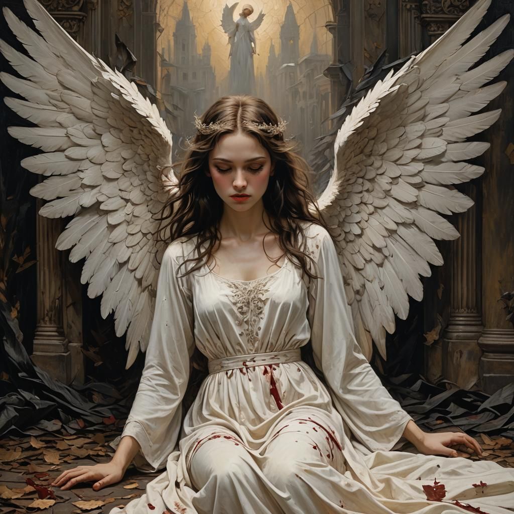 Fallen Angel Painting in Dimly Lit Gallery