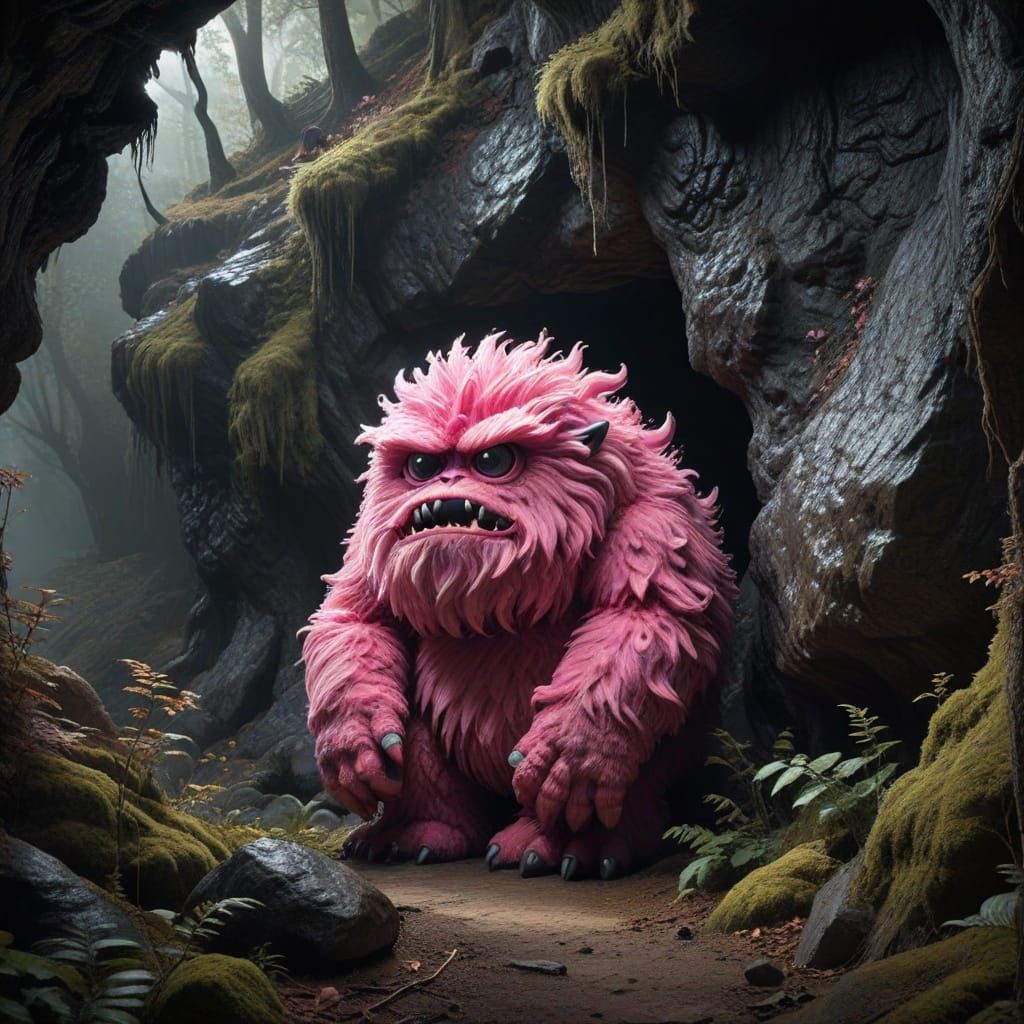 Colossal Pink Fluffy Monster Emerges From Dark Cave