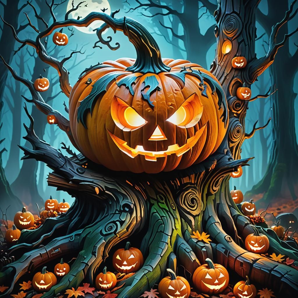 Fauvist Wood Carved Pumpkin in Misty Halloween Forest