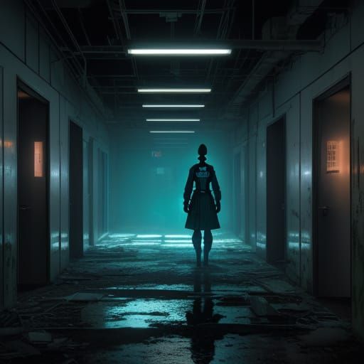 Feminine Animatronic in Abandoned Hospital Corridor