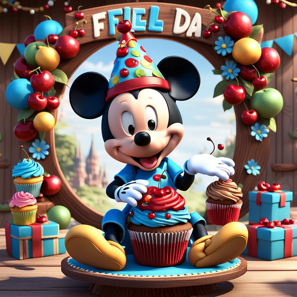 Baby Mickey Mouse 3D Render with Cupcake